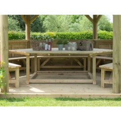 Forest Garden Furnished Cedar Roof Hexagonal Gazebo, (W)4900mm (D)4240mm (Green Cushion Included) -Flyymo Care Garden Shop forest garden furnished cedar roof hexagonal gazebo w 4900mm d 4240mm green cushion included 5013053172612 02i